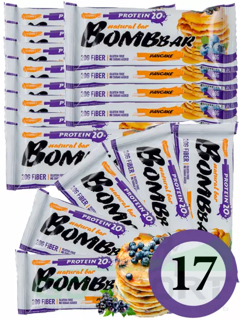 Протеиновый батончик BombBar Protein Bar 17 x 60 г, Смородиново-черничный панкейк