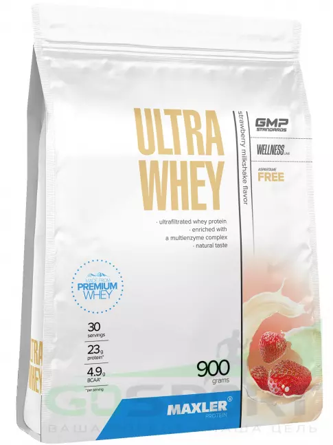 Сывороточный протеин MAXLER Ultra Whey 900 г, Клубничный молочный коктейль Сывороточный протеин MAXLER Ultra Whey 900 г, Клубничный молочный коктейль