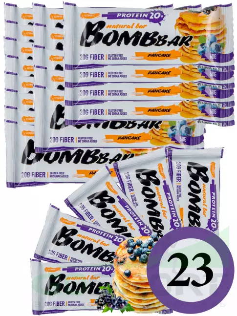 Протеиновый батончик BombBar Protein Bar 23 x 60 г, Смородиново-черничный панкейк Протеиновый батончик BombBar Protein Bar 23 x 60 г, Смородиново-черничный панкейк