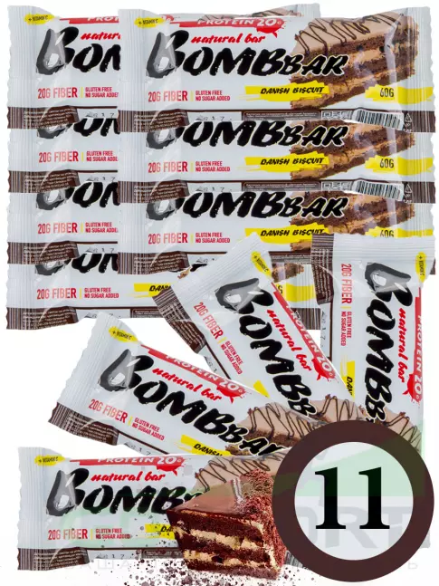 Протеиновый батончик BombBar Protein Bar 11 x 60 г, Датский бисквит Протеиновый батончик BombBar Protein Bar 11 x 60 г, Датский бисквит