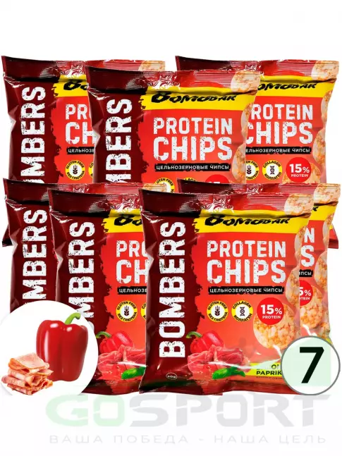 Чипсы BombBar Protein Chips 7 x 50 г, Бекон с паприкой Чипсы BombBar Protein Chips 7 x 50 г, Бекон с паприкой