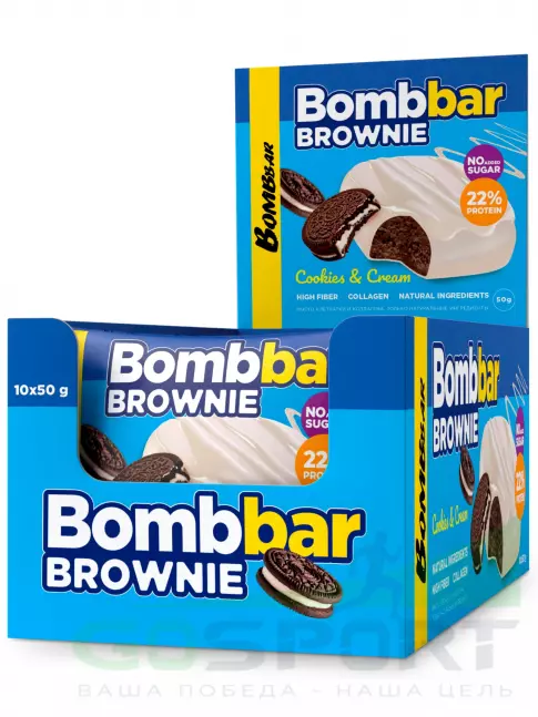 Протеиновый батончик BombBar Печенье глазированное Brownie 10 x 50 г, Печенье-крем Протеиновый батончик BombBar Печенье глазированное Brownie 10 x 50 г, Печенье-крем