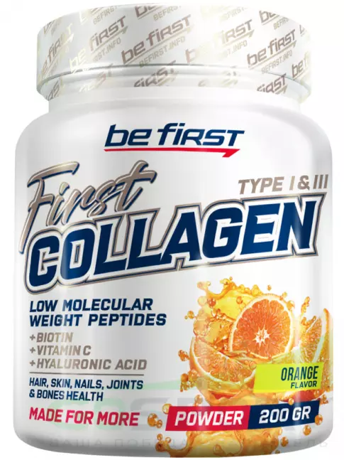 Коллаген гидролизованный Be First First Collagen 6600 mg + biotin + hyaluronic acid + vitamin C 200 г, Апельсин Коллаген гидролизованный Be First First Collagen 6600 mg + biotin + hyaluronic acid + vitamin C 200 г, Апельсин
