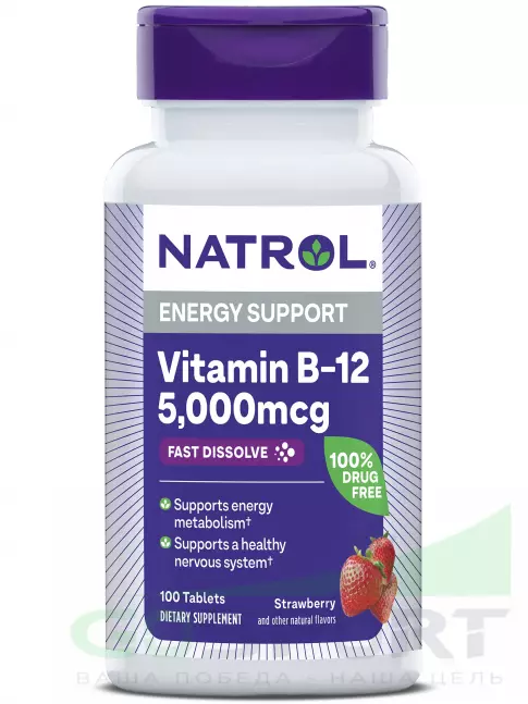 Витамины группы B Natrol Vitamin B-12 5000 мкг F/D 100 таблеток, Клубника Витамины группы B Natrol Vitamin B-12 5000 мкг F/D 100 таблеток, Клубника