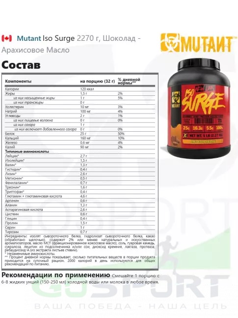 Изолят протеина Mutant Iso Surge 2270 г, Шоколад - Арахисовое Масло Изолят протеина Mutant Iso Surge 2270 г, Шоколад - Арахисовое Масло