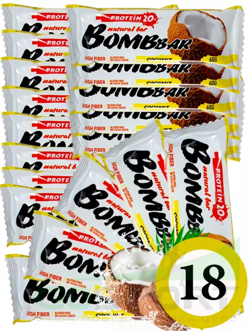 Протеиновый батончик BombBar Protein Bar 18 x 60 г, Кокос Протеиновый батончик BombBar Protein Bar 18 x 60 г, Кокос