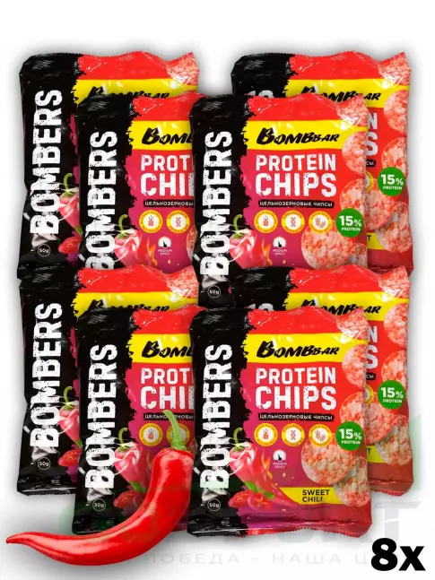 Чипсы BombBar Protein Chips 8 x 50 г, Сладкий чили Чипсы BombBar Protein Chips 8 x 50 г, Сладкий чили