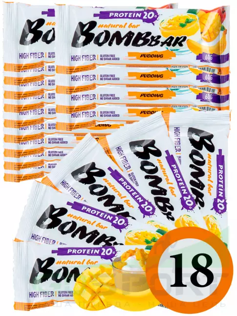 Протеиновый батончик BombBar Protein Bar 18 x 60 г, Пудинг с ароматом манго и банана Протеиновый батончик BombBar Protein Bar 18 x 60 г, Пудинг с ароматом манго и банана