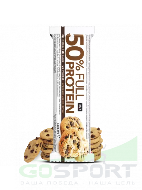 Протеиновый батончик QNT 50% FULL PROTEIN BAR 12 x 50 г, Печенье с шоколадной крошкой Протеиновый батончик QNT 50% FULL PROTEIN BAR 12 x 50 г, Печенье с шоколадной крошкой