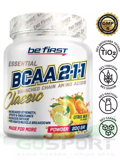 BCAA Be First BCAA Classic Powder 2:1:1 200 г, Цитрусовый микс BCAA Be First BCAA Classic Powder 2:1:1 200 г, Цитрусовый микс