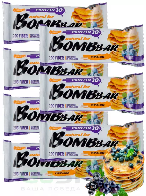 Протеиновый батончик BombBar Protein Bar 7 x 60 г, Смородиново-черничный панкейк Протеиновый батончик BombBar Protein Bar 7 x 60 г, Смородиново-черничный панкейк