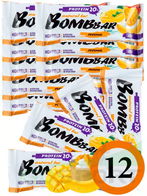 Протеиновый батончик BombBar Protein Bar 12 x 60 г, Пудинг с ароматом манго и банана Протеиновый батончик BombBar Protein Bar 12 x 60 г, Пудинг с ароматом манго и банана