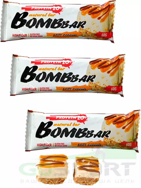 Протеиновый батончик BombBar Протеиновый батончик Natural Bar 3 x 60 г, Соленая карамель Протеиновый батончик BombBar Протеиновый батончик Natural Bar 3 x 60 г, Соленая карамель