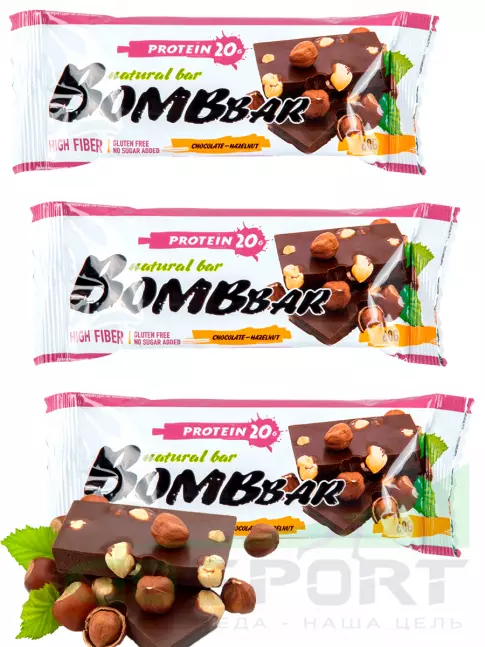 Протеиновый батончик BombBar Протеиновый батончик Natural Bar 3 x 60 г, Шоколад-Фундук
