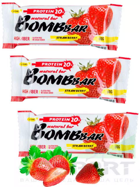 Протеиновый батончик BombBar Протеиновый батончик Natural Bar 3 x 60 г, Клубника