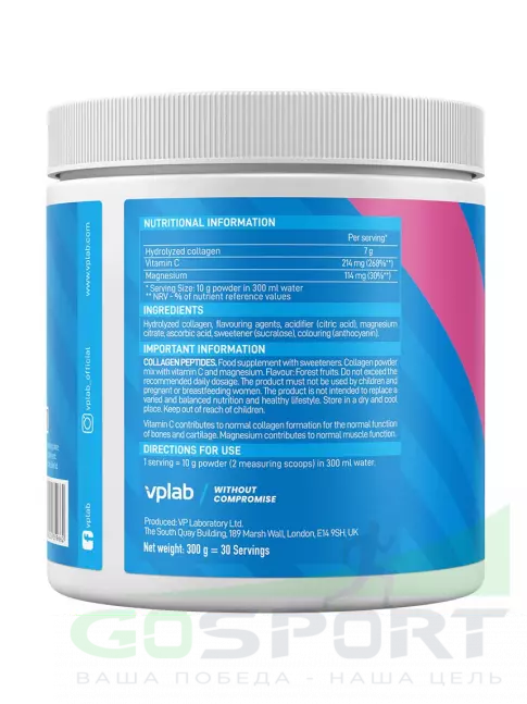 Коллаген гидролизованный VP Laboratory Collagen Peptides 300 г, Лесные ягоды Коллаген гидролизованный VP Laboratory Collagen Peptides 300 г, Лесные ягоды