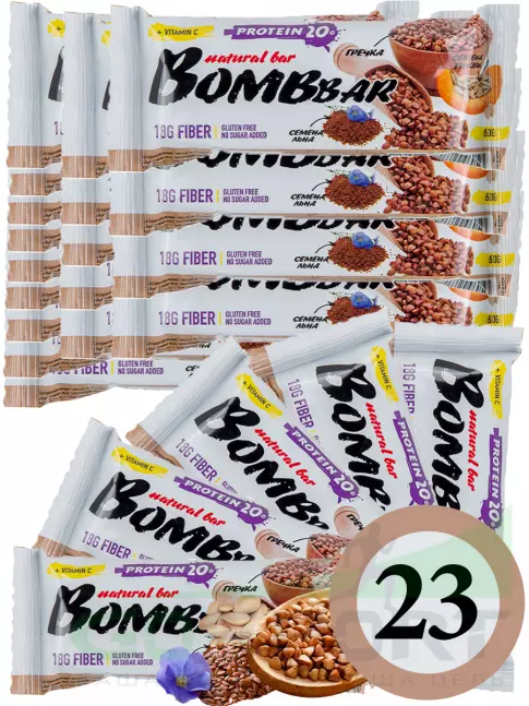 Протеиновый батончик BombBar Protein Bar 23 x 60 г, Гречишный Протеиновый батончик BombBar Protein Bar 23 x 60 г, Гречишный