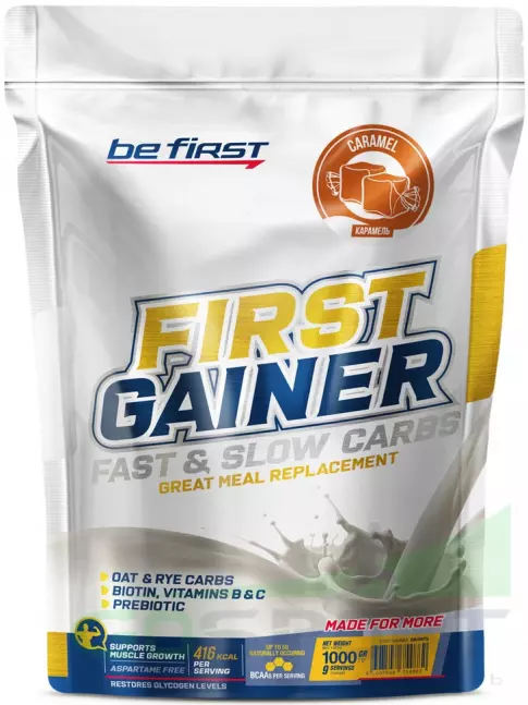 Гейнер Be First First Gainer 1000 г + Шейкер, Карамель Гейнер Be First First Gainer 1000 г + Шейкер, Карамель