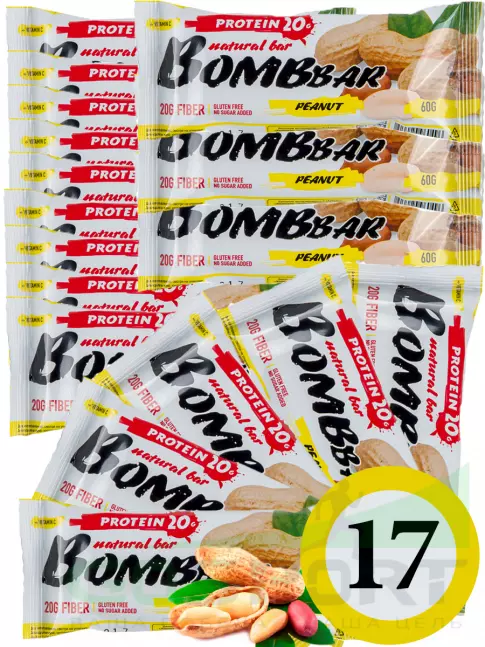 Протеиновый батончик BombBar Protein Bar 17 x 60 г, Арахис Протеиновый батончик BombBar Protein Bar 17 x 60 г, Арахис