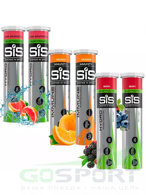 Изотоник SCIENCE IN SPORT (SiS) GO Hydro Tablet 20s 6 x 20 таблеток, Розовый грейпфрут, Апельсин, Ягоды