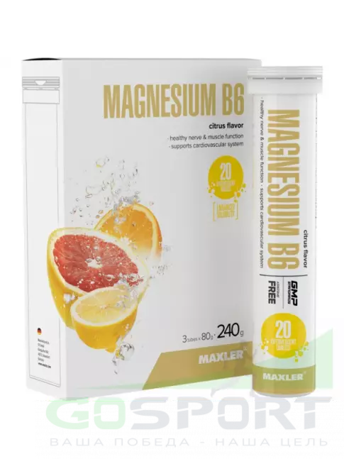 Магний MAXLER Магний B6 в шипучках 3 x 20 шипучих таблеток, Цитрус Магний MAXLER Магний B6 в шипучках 3 x 20 шипучих таблеток, Цитрус