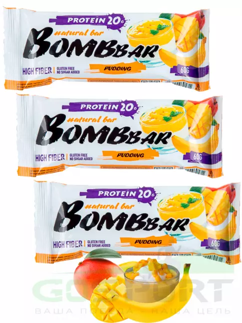 Протеиновый батончик BombBar Протеиновый батончик Natural Bar 3 x 60 г, Пудинг Банан-Манго Протеиновый батончик BombBar Протеиновый батончик Natural Bar 3 x 60 г, Пудинг Банан-Манго