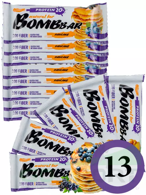 Протеиновый батончик BombBar Protein Bar 13 x 60 г, Смородиново-черничный панкейк Протеиновый батончик BombBar Protein Bar 13 x 60 г, Смородиново-черничный панкейк
