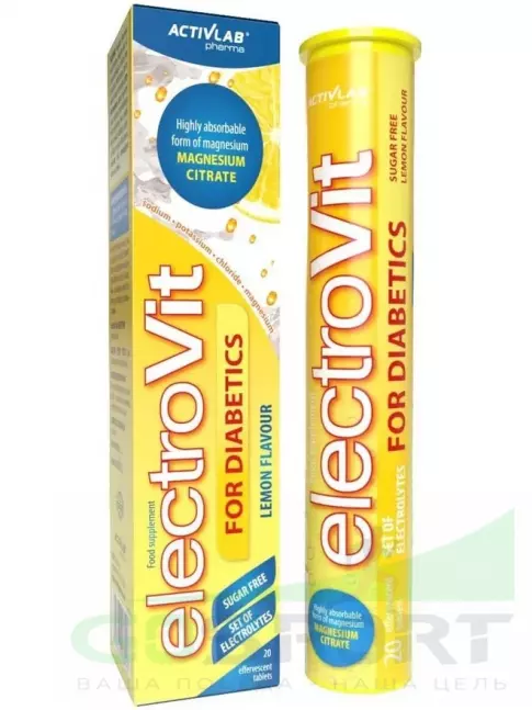Электролиты в шипучках ActivLab ElectroVit for diabetics 20 шипучих таблеток, Лимон Электролиты в шипучках ActivLab ElectroVit for diabetics 20 шипучих таблеток, Лимон