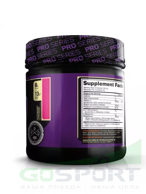 BCAA Optimum Nutrition PRO BCAA 2:1:1 390 г, Малиновый лимонад BCAA Optimum Nutrition PRO BCAA 2:1:1 390 г, Малиновый лимонад
