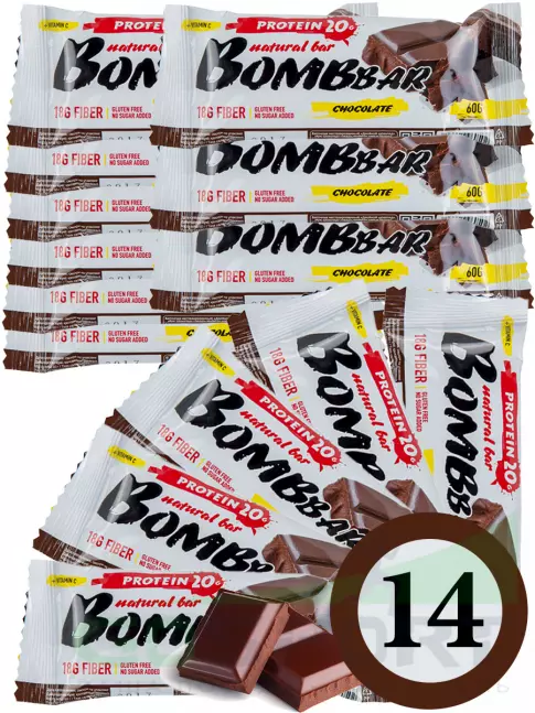 Протеиновый батончик BombBar Protein Bar 14 x 60 г, Двойной шоколад Протеиновый батончик BombBar Protein Bar 14 x 60 г, Двойной шоколад