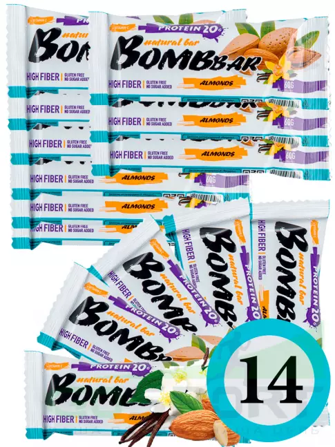 Протеиновый батончик BombBar Protein Bar 14 x 60 г, Миндаль-ваниль Протеиновый батончик BombBar Protein Bar 14 x 60 г, Миндаль-ваниль