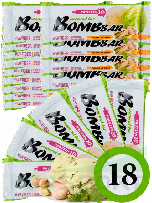 Протеиновый батончик BombBar Protein Bar 18 x 60 г, Фисташковый-Пломбир Протеиновый батончик BombBar Protein Bar 18 x 60 г, Фисташковый-Пломбир