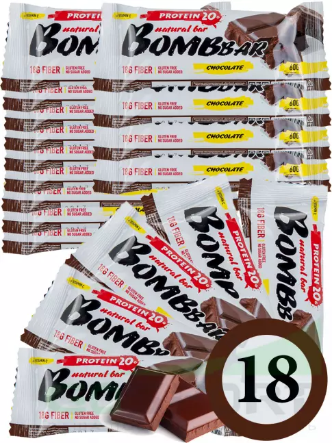 Протеиновый батончик BombBar Protein Bar 18 x 60 г, Двойной шоколад