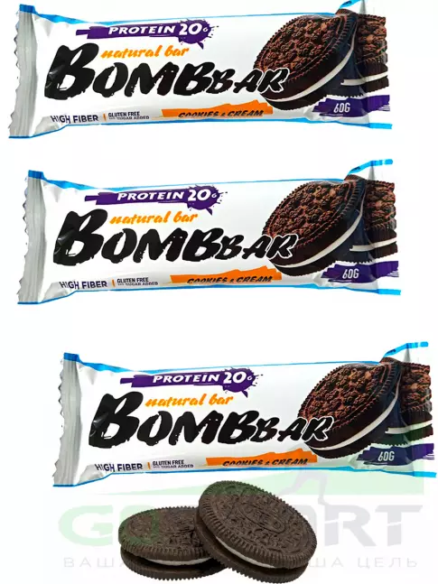 Протеиновый батончик BombBar Протеиновый батончик Natural Bar 3 x 60 г, Печенье с кремом Протеиновый батончик BombBar Протеиновый батончик Natural Bar 3 x 60 г, Печенье с кремом