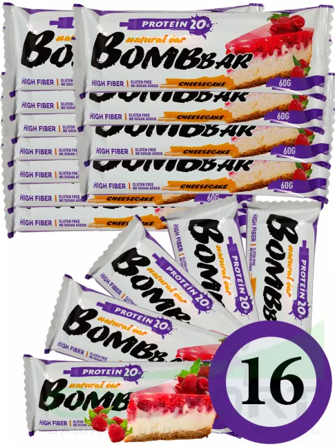 Протеиновый батончик BombBar Protein Bar 16 x 60 г, Малиновый чизкейк