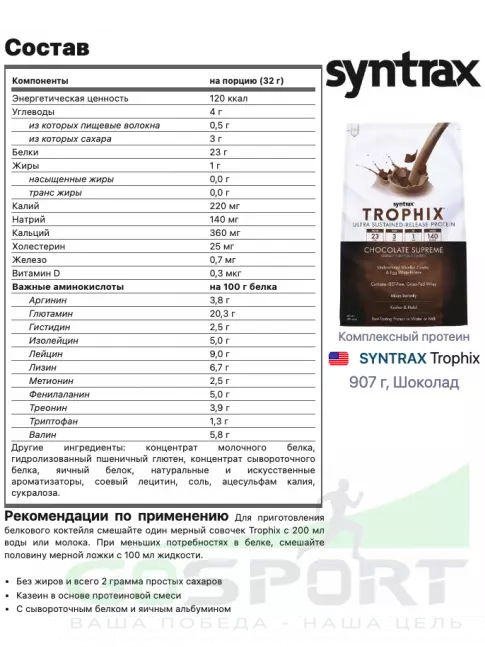 Комплексный протеин SYNTRAX Trophix 907 г, Шоколад
