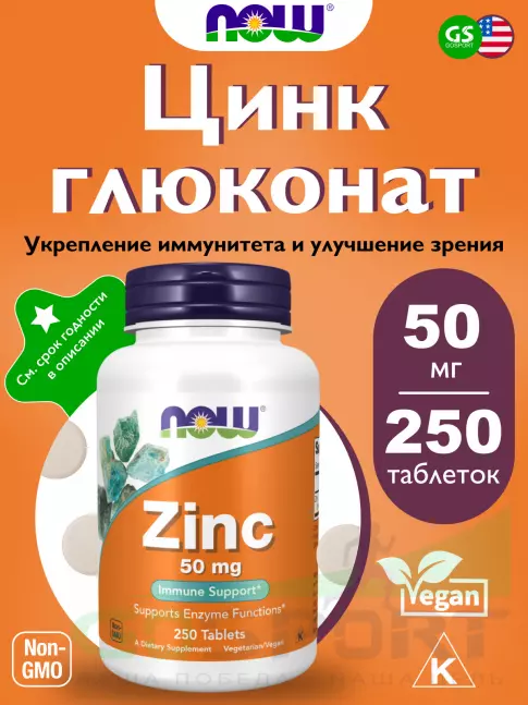 Цинк NOW Foods Zinc Gluconate 50 mg 250 таблеток