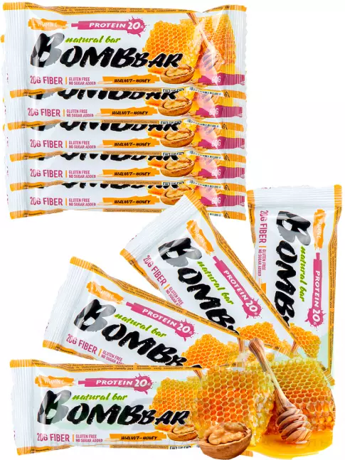 Протеиновый батончик BombBar Protein Bar 9 x 60 г, Грецкий орех с медом Протеиновый батончик BombBar Protein Bar 9 x 60 г, Грецкий орех с медом