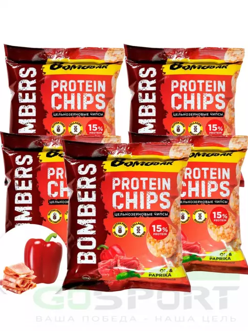 Чипсы BombBar Protein Chips 5 x 50 г, Бекон с паприкой Чипсы BombBar Protein Chips 5 x 50 г, Бекон с паприкой