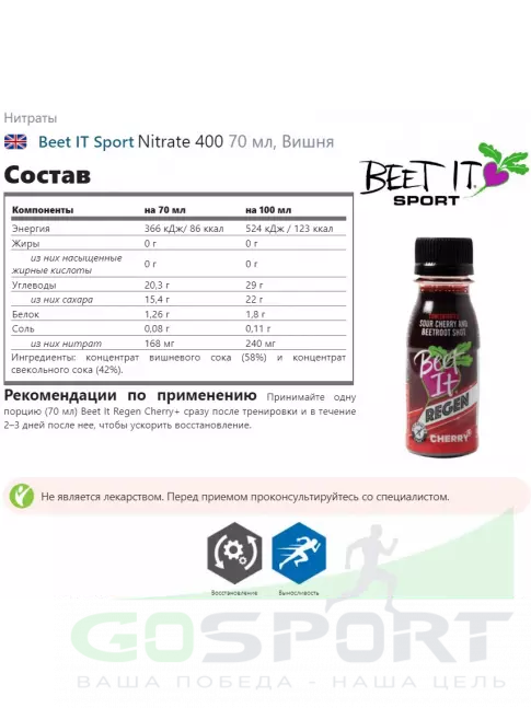 Нитраты Beet IT Sport Nitrate 400 15 х 70 мл, Вишня