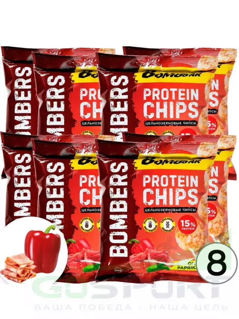 Чипсы BombBar Protein Chips 8 x 50 г, Бекон с паприкой Чипсы BombBar Protein Chips 8 x 50 г, Бекон с паприкой