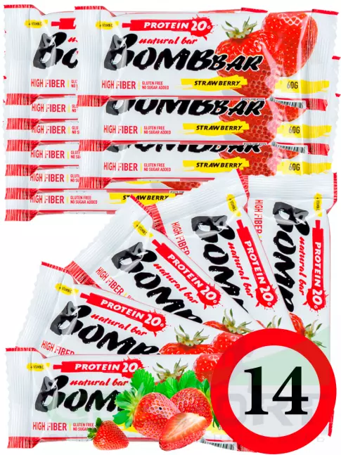 Протеиновый батончик BombBar Protein Bar 14 x 60 г, Клубника Протеиновый батончик BombBar Protein Bar 14 x 60 г, Клубника
