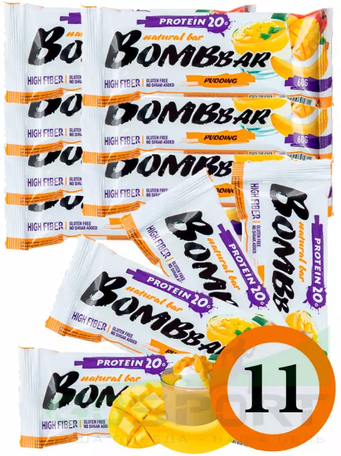Протеиновый батончик BombBar Protein Bar 11 x 60 г, Пудинг с ароматом манго и банана Протеиновый батончик BombBar Protein Bar 11 x 60 г, Пудинг с ароматом манго и банана