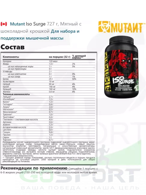 Изолят протеина Mutant Iso Surge 727 г, Мятный с шоколадной крошкой Изолят протеина Mutant Iso Surge 727 г, Мятный с шоколадной крошкой