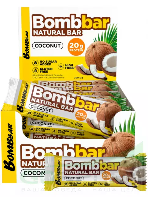 Протеиновый батончик BombBar Протеиновый батончик Natural Bar 20 x 60 г, Кокос Протеиновый батончик BombBar Протеиновый батончик Natural Bar 20 x 60 г, Кокос