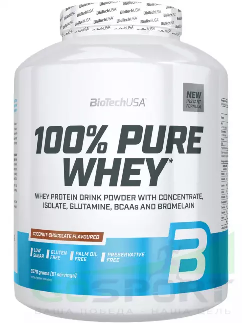 Сывороточный протеин BioTechUSA 100% Pure Whey 2270 г, Шоколад-кокос Сывороточный протеин BioTechUSA 100% Pure Whey 2270 г, Шоколад-кокос