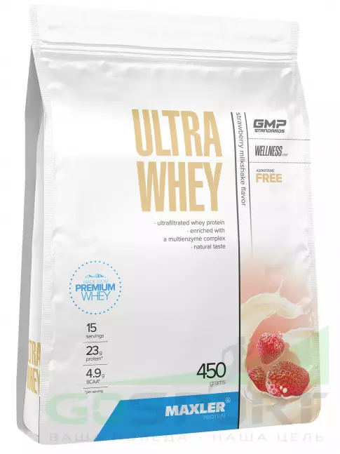 Сывороточный протеин MAXLER Ultra Whey 450 г, Клубничный молочный коктейль Сывороточный протеин MAXLER Ultra Whey 450 г, Клубничный молочный коктейль