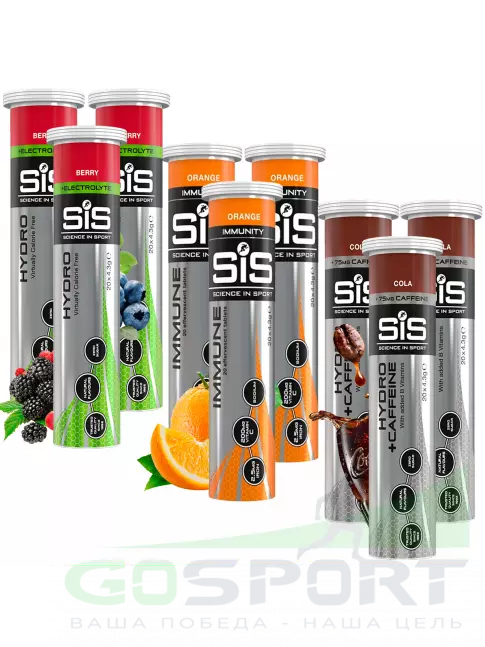 Изотоник SCIENCE IN SPORT (SiS) GO Hydro Tablet 20s_3 9 x 20 таблеток, Ягоды, Апельсин, Кола Изотоник SCIENCE IN SPORT (SiS) GO Hydro Tablet 20s_3 9 x 20 таблеток, Ягоды, Апельсин, Кола