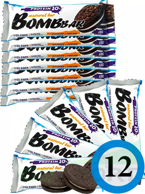 Протеиновый батончик BombBar Protein Bar 12 x 60 г, Печенье с кремом Протеиновый батончик BombBar Protein Bar 12 x 60 г, Печенье с кремом