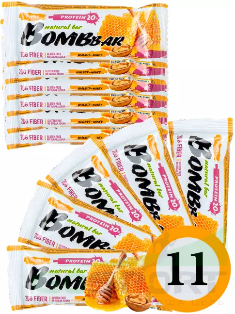 Протеиновый батончик BombBar Protein Bar 11 x 60 г, Грецкий орех с медом Протеиновый батончик BombBar Protein Bar 11 x 60 г, Грецкий орех с медом